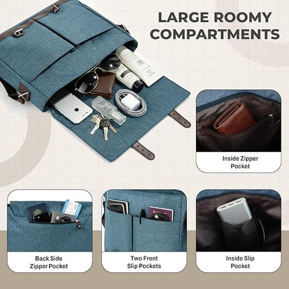 Storite Laptop Messenger Bag for Men & Women – Water-Resistant Office Shoulder Bag with Multiple Pockets, Adjustable Strap & Leatherette Detailing - Dark Teal