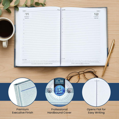 Storite Executive Planner Organizer Hard Bound Notebook Diary 2026 with Sunday Half Page (Big, Grey Blue)