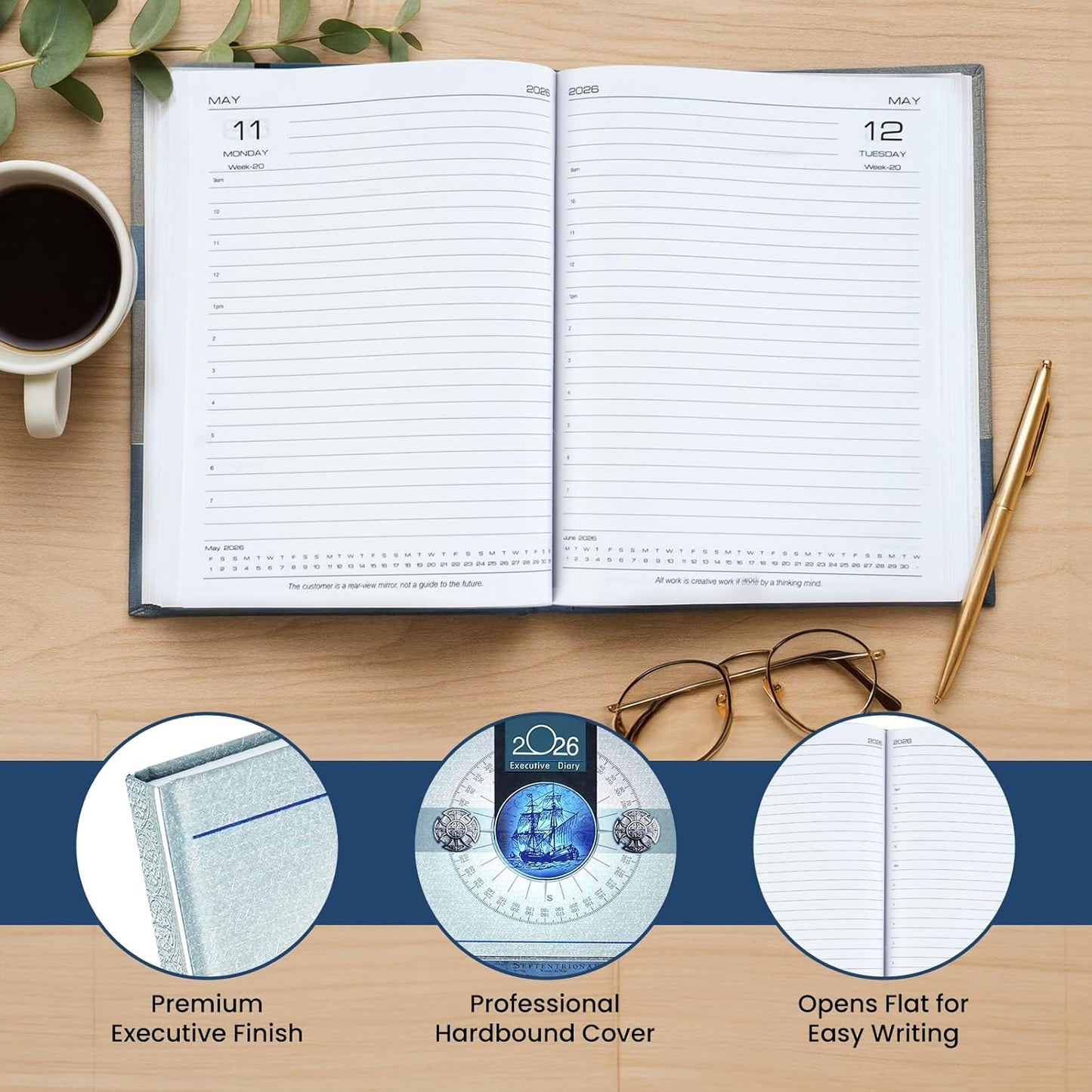 Storite Executive Planner Organizer Hard Bound Notebook Diary 2026 with Sunday Half Page (4 Pack- Big, Grey Blue)