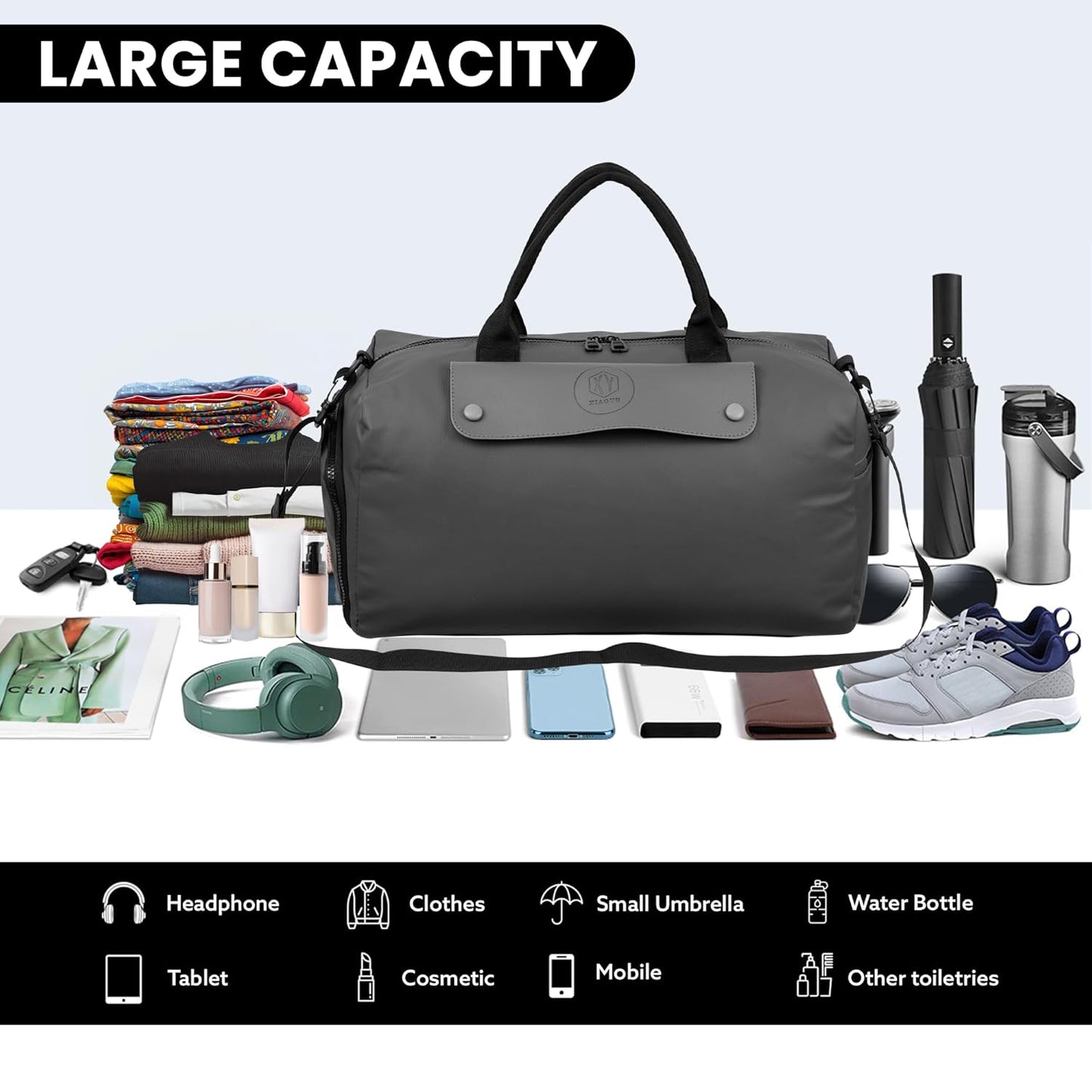 Storite Nylon 43 cm Travel Duffel Bag, Sports Gym Duffle Bag, Shoulder Handbag for Women, Outdoor Weekend Bag with Shoe and Wet Clothes Compartments (Grey,43x23x19 cm)