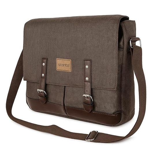 Storite Laptop Messenger Bag for Men & Women – Water-Resistant Office Shoulder Bag with Multiple Pockets, Adjustable Strap & Leatherette Detailing - Light Brown