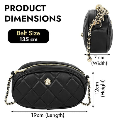 Storite PU Leather Quilted Sling Bag with Detachable Chain Strap, Crossbody Bag with Multi-Compartment for Women and Girls - Black