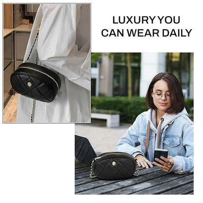 Storite PU Leather Quilted Sling Bag with Detachable Chain Strap, Crossbody Bag with Multi-Compartment for Women and Girls - Black