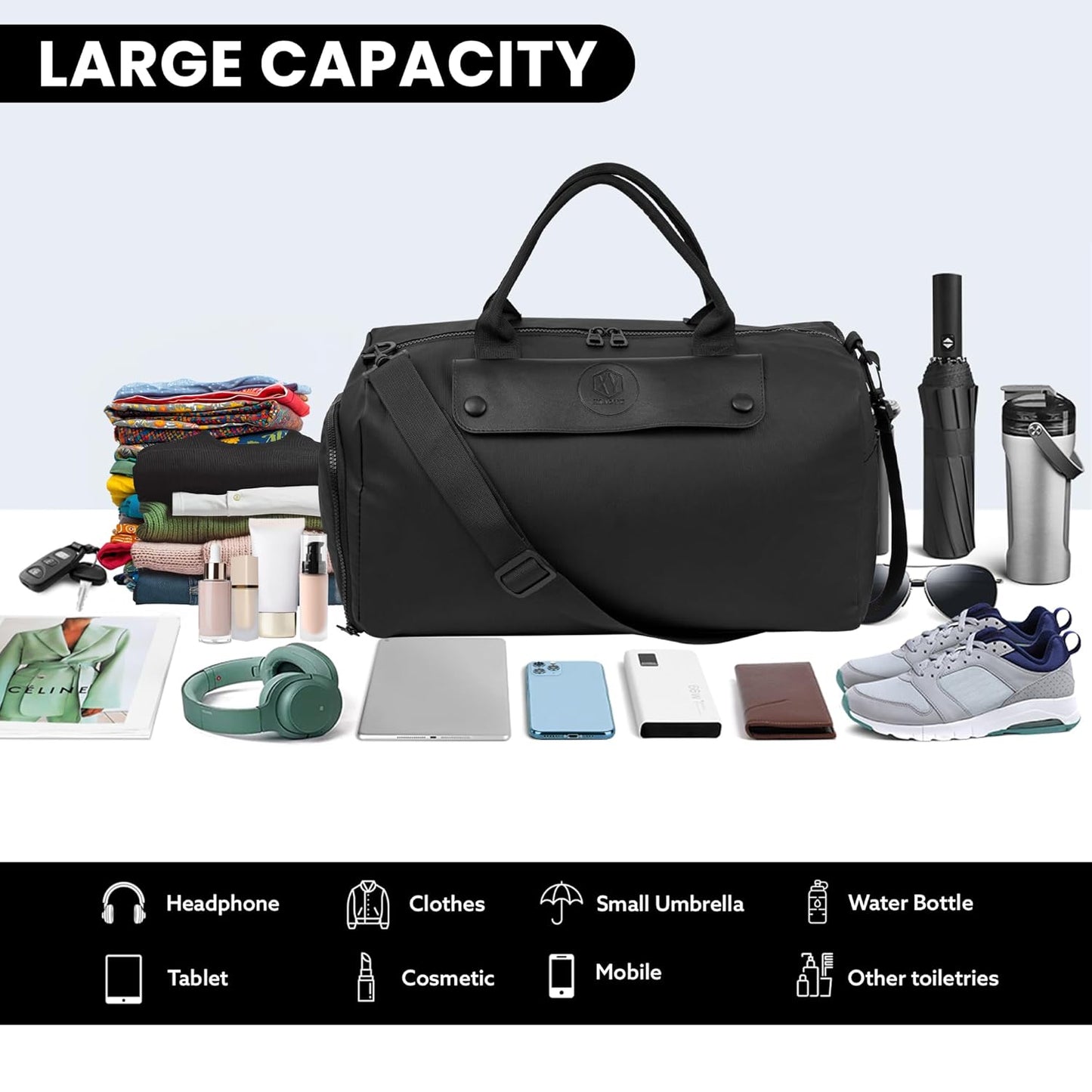 Storite Nylon 43 cm Travel Duffel Bag, Sports Gym Duffle Bag, Shoulder Handbag for Women, Outdoor Weekend Bag with Shoe and Wet Clothes Compartments (Black,43x23x19 cm)