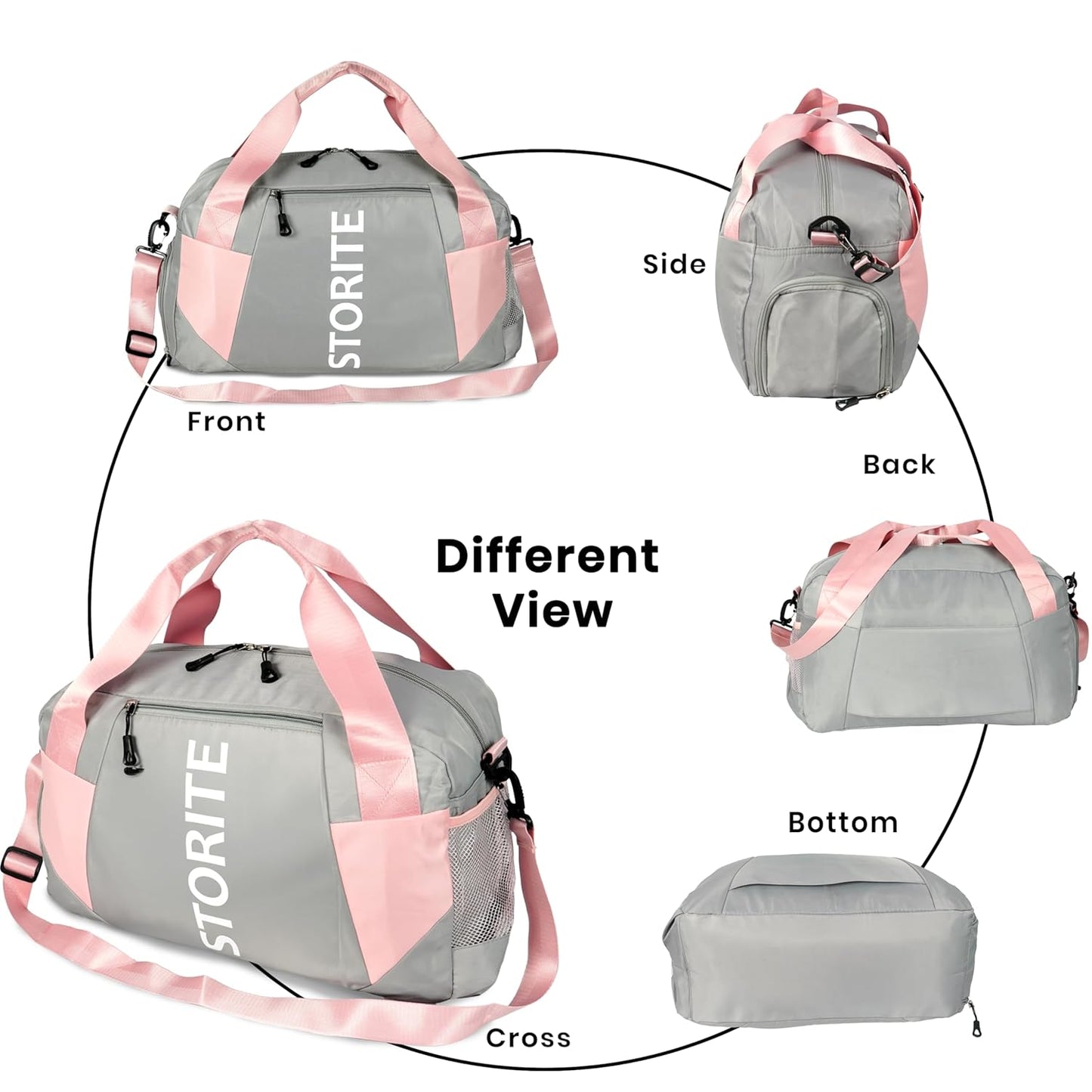 Storite 47 CM Nylon Travel Duffle Bag for Men & Women with Wet Pocket & Shoe Compartment - Light Grey/Pink