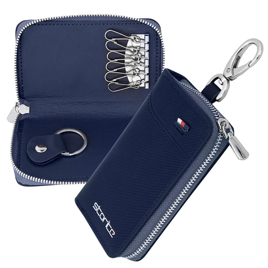 Storite PU Leather Large Key Case Pouch Wallet Key Chain Key Holder Ring with 6 Key Hooks,1 IC Key Ring, Metal Buckle with Zipper Closure (7.5X2X12 CM - Blue)