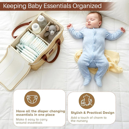 Storite Cute Felt Diaper Caddy Organizer Bag with Lid and Removable Shoulder Strap | Baby Basket Essentials for Newborn Baby Products Storage with Compartments | 40 x 27 x 19 cm | Model 2 – Beige