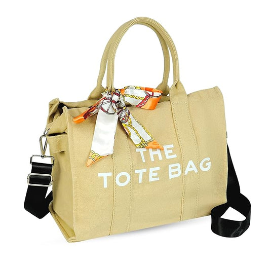 Storite Canvas Tote Bags for Women Large Capacity Shoulder Bag with Inner Pocket Everyday Handbags for Office, College and Travel (Beige - 34 x15 x 28 cm)