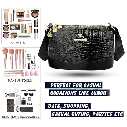 Storite Small PU Leather Women Tote Bag, Glossy Texture Fashionable & Party Sling Bag, Pillow Shoulder Crossbody Bag with Adjustable Strap-Black