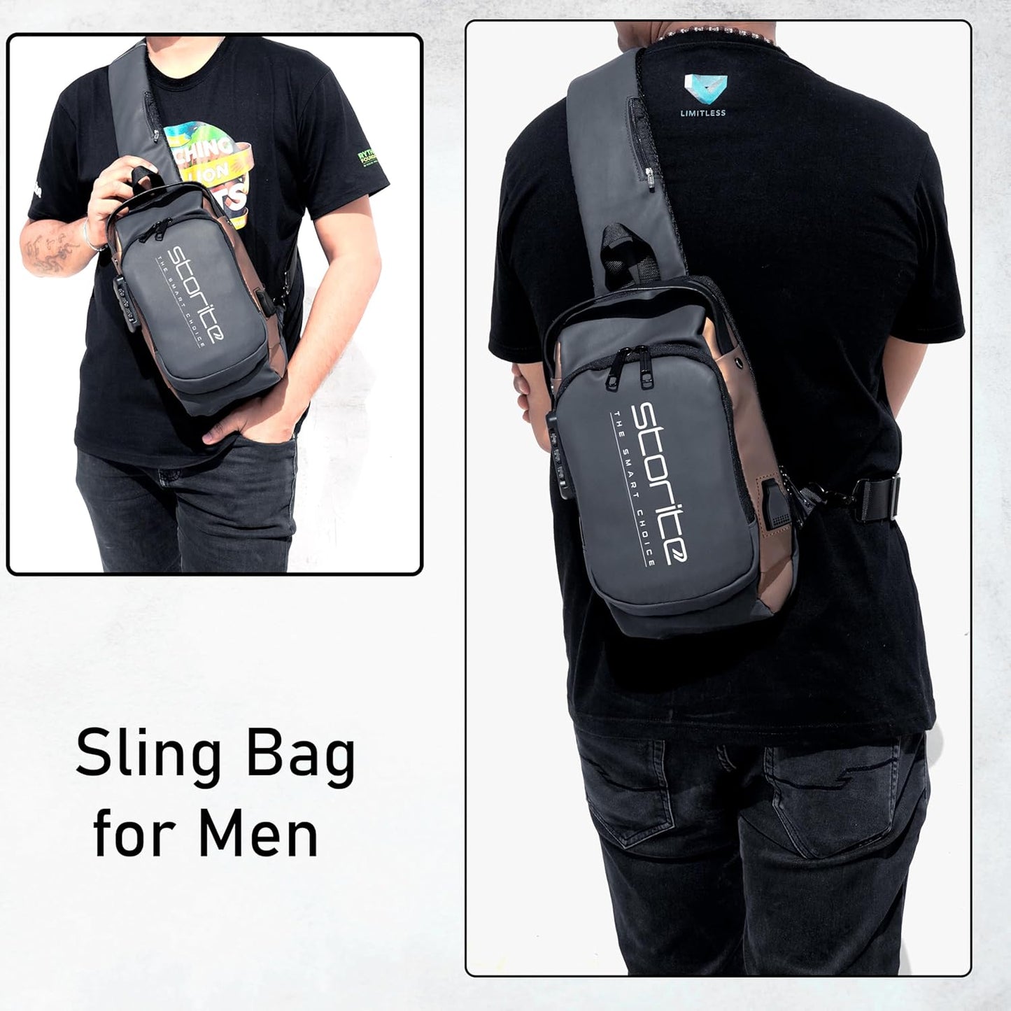 Storite Sling Bag for Men Stylish Crossbody Backpack for Men Women, Anti-Theft Water-resistant Chest Bag, Messenger Bags, Casual Side Shoulder Bag (Grey Brown - 17x9x32 CM)