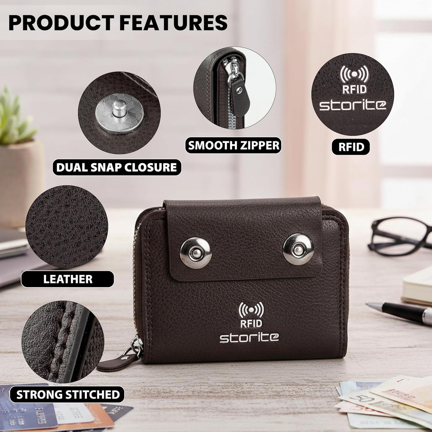 Storite 15 Slots RFID Blocking Card Holder Zipper Wallet | Leather Flip Flop Cover| Unisex Wallet (Brown)