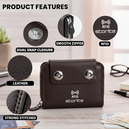Storite 15 Slots RFID Blocking Card Holder Zipper Wallet | Leather Flip Flop Cover| Unisex Wallet (Brown)
