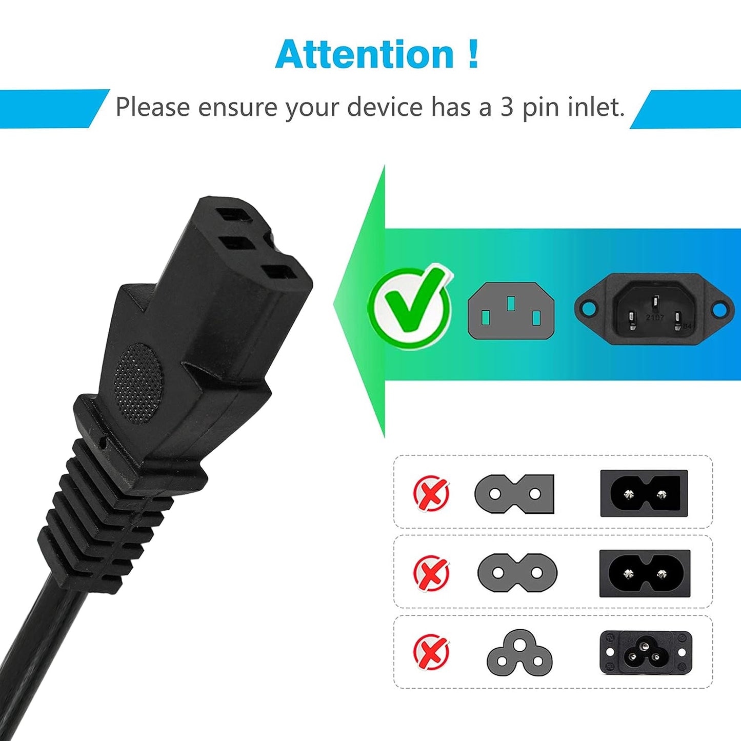 Storite UPort 1 Pack 1.8 Meter Power Cable for PC 3 Pin PC Power Cable 18AWG IEC Mains Kettle Lead Replacement for Desktop/Monitor/Printer - Black