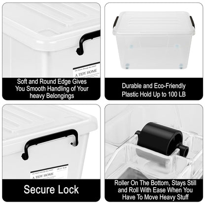 Storite 2 Pack 27 Ltr Multipurpose Plastic Storage Container Box With Small Rolling Wheels (Clear,Transparent),44 x 33 x 25 cm, Rectangular