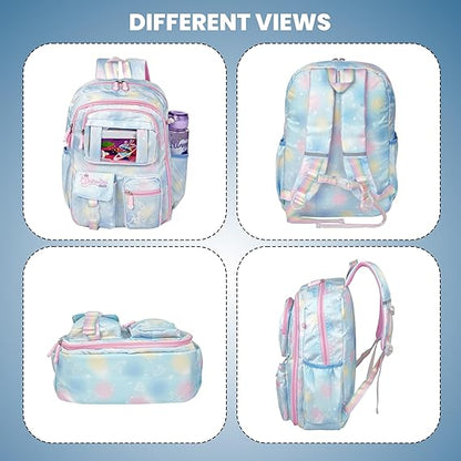 Storite School Backpacks for Girls Stylish Bags for Kids 7-12 Years Old Cartoon Water Resistant Backpack Durable Burden Relief School Bag Birthday Gift - blue-pink
