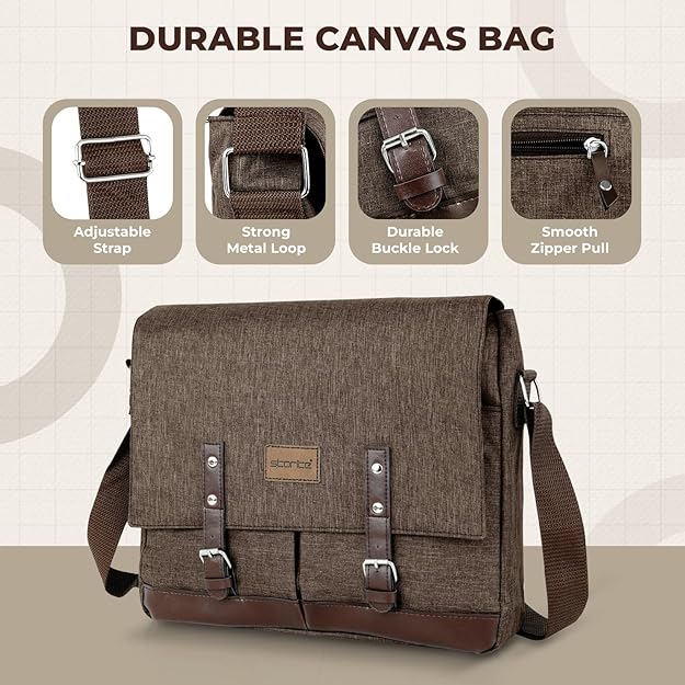 Storite Laptop Messenger Bag for Men & Women – Water-Resistant Office Shoulder Bag with Multiple Pockets, Adjustable Strap & Leatherette Detailing - Light Brown