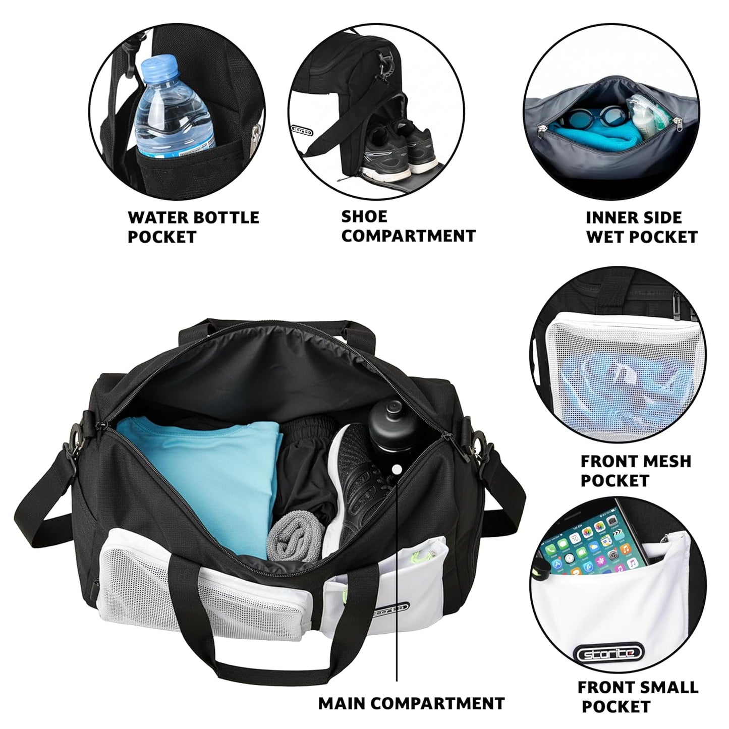 Storite 45cm Multipurpose Travel Duffle Bag for Women – Lightweight Nylon Weekender Overnight Bag with Mesh and Zipper Pockets, Shoe Compartment – Black (29 x 19 x 45 cm)