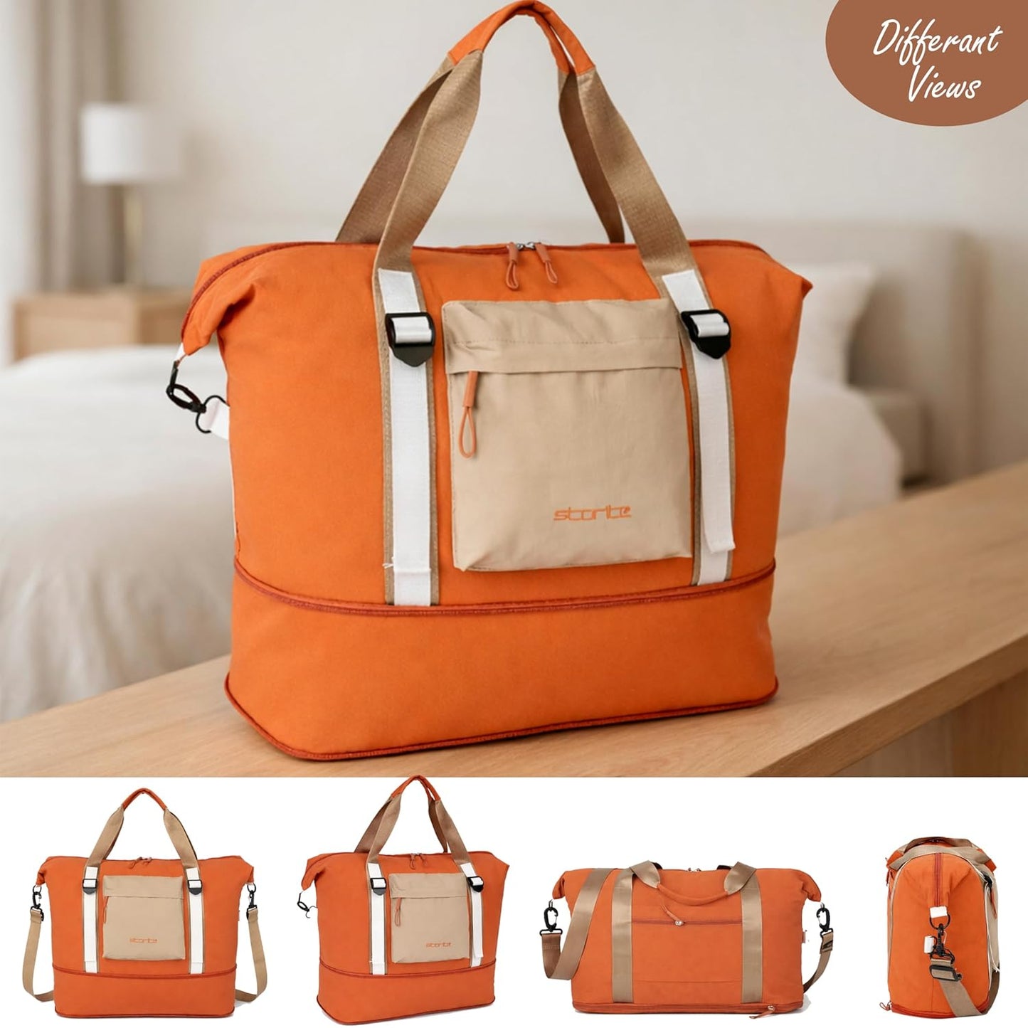 Storite Expandable Travel Duffle Bag for Women Lightweight Foldable Luggage Bag with Multi-Pocket Organizer Water Resistance Bag for Traveling, Gym Weekend Trips (Orange)