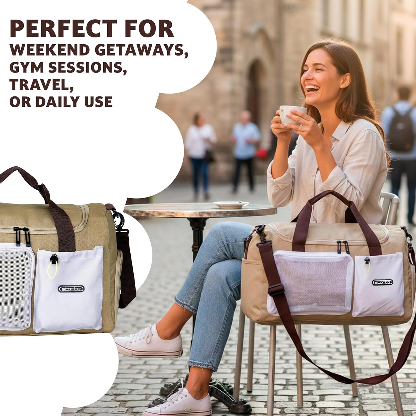 Storite 45cm Multipurpose Travel Duffle Bag for Women – Lightweight Nylon Weekender Overnight Bag with Mesh and Zipper Pockets, Shoe Compartment – Beige (45 x 19 x 29 cm)