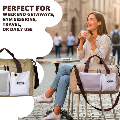 Storite 45cm Multipurpose Travel Duffle Bag for Women – Lightweight Nylon Weekender Overnight Bag with Mesh and Zipper Pockets, Shoe Compartment – Beige (45 x 19 x 29 cm)