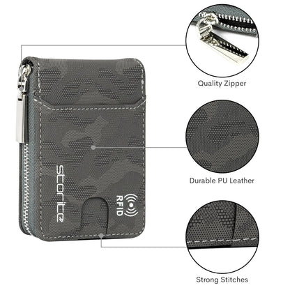 Storite RFID 9 Slot PU Leather Vertical Credit Debit Card Holder Money Wallet Zipper Coin Purse for Men Women - (11.5 Cm X 8 Cm X 2Cm -Camouflage Grey)