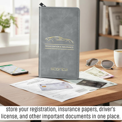 Storite Pu Leather Zipper Unique Car Registration and Insurance Card Holder, Vehicle License Document Glove Box Compartment Organizer for Men and Women - (Grey- 23 x 1 x 13.5cm)