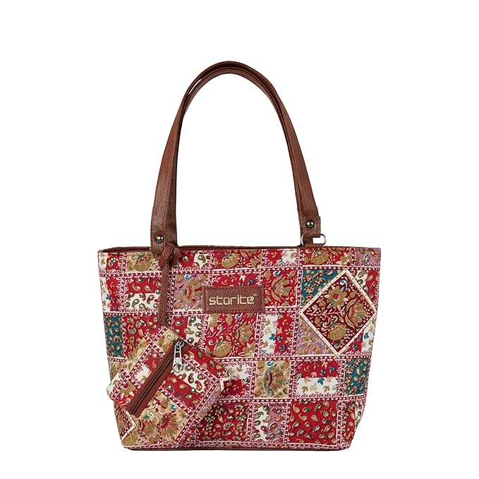 Storite Women's Tote Bag with Leather Handles and Embroidery Printed Handbag with Zip Pockets, Shoulder Tote Bag and Handbag for Office and College