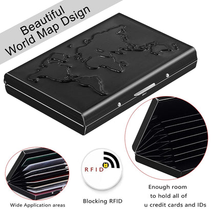 Storite 8 Slot Metal RFID Credit Or Debit Card Holder Wallet for Men Women- (Black World Map-9.5cm x 6.5cm x 1.5 Cm)