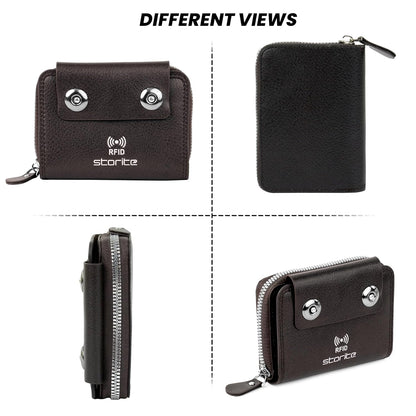 Storite 15 Slots RFID Blocking Card Holder Zipper Wallet | Leather Flip Flop Cover| Unisex Wallet (Brown)