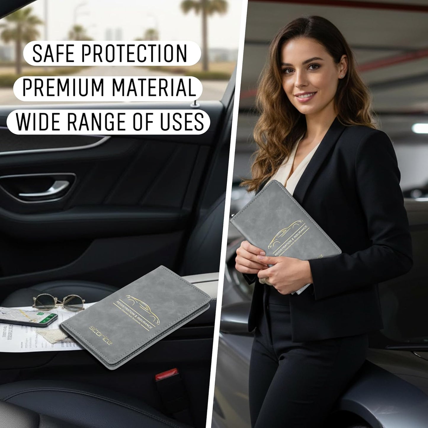 Storite Pu Leather Zipper Unique Car Registration and Insurance Card Holder, Vehicle License Document Glove Box Compartment Organizer for Men and Women - (Grey- 23 x 1 x 13.5cm)