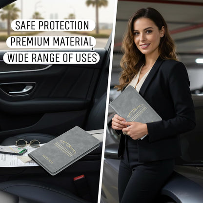 Storite Pu Leather Zipper Unique Car Registration and Insurance Card Holder, Vehicle License Document Glove Box Compartment Organizer for Men and Women - (Grey- 23 x 1 x 13.5cm)