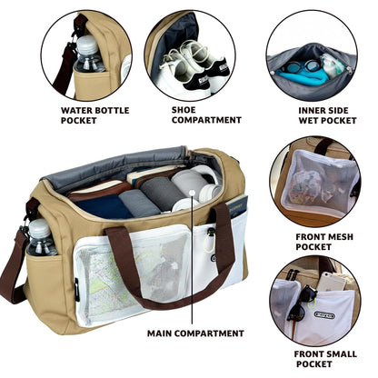 Storite 45cm Multipurpose Travel Duffle Bag for Women – Lightweight Nylon Weekender Overnight Bag with Mesh and Zipper Pockets, Shoe Compartment – Beige (45 x 19 x 29 cm)