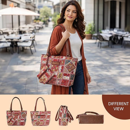 Storite Women's Tote Bag with Leather Handles and Embroidery Printed Handbag with Zip Pockets, Shoulder Tote Bag and Handbag for Office and College