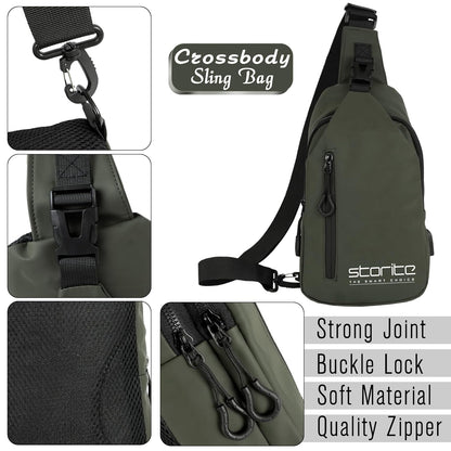 Storite Stylish Crossbody Sling Bag for Men and Women, Anti-Theft Chest Bag with USB Charging Port, Messenger Bags, Casual Shoulder Bag - Olive