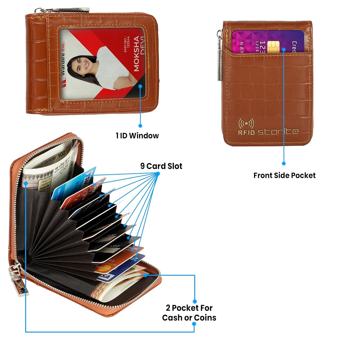 Storite RFID PU Leather 9 Slot Vertical Credit Debit Card Holder Money Wallet Zipper Coin Purse for Men Women (Brown-11.5Cm X 2Cm X 8 Cm)