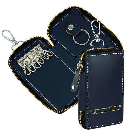 Storite PU Leather Large Key Case Pouch Wallet Keychain Key Holder with 6 Hooks Zipper Closure - Navy Blue