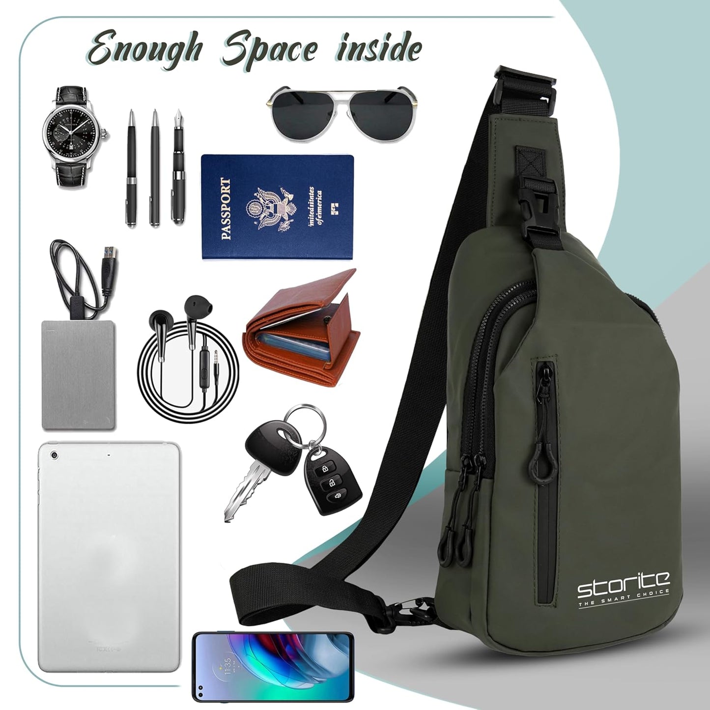 Storite Stylish Crossbody Sling Bag for Men and Women, Anti-Theft Chest Bag with USB Charging Port, Messenger Bags, Casual Shoulder Bag - Olive