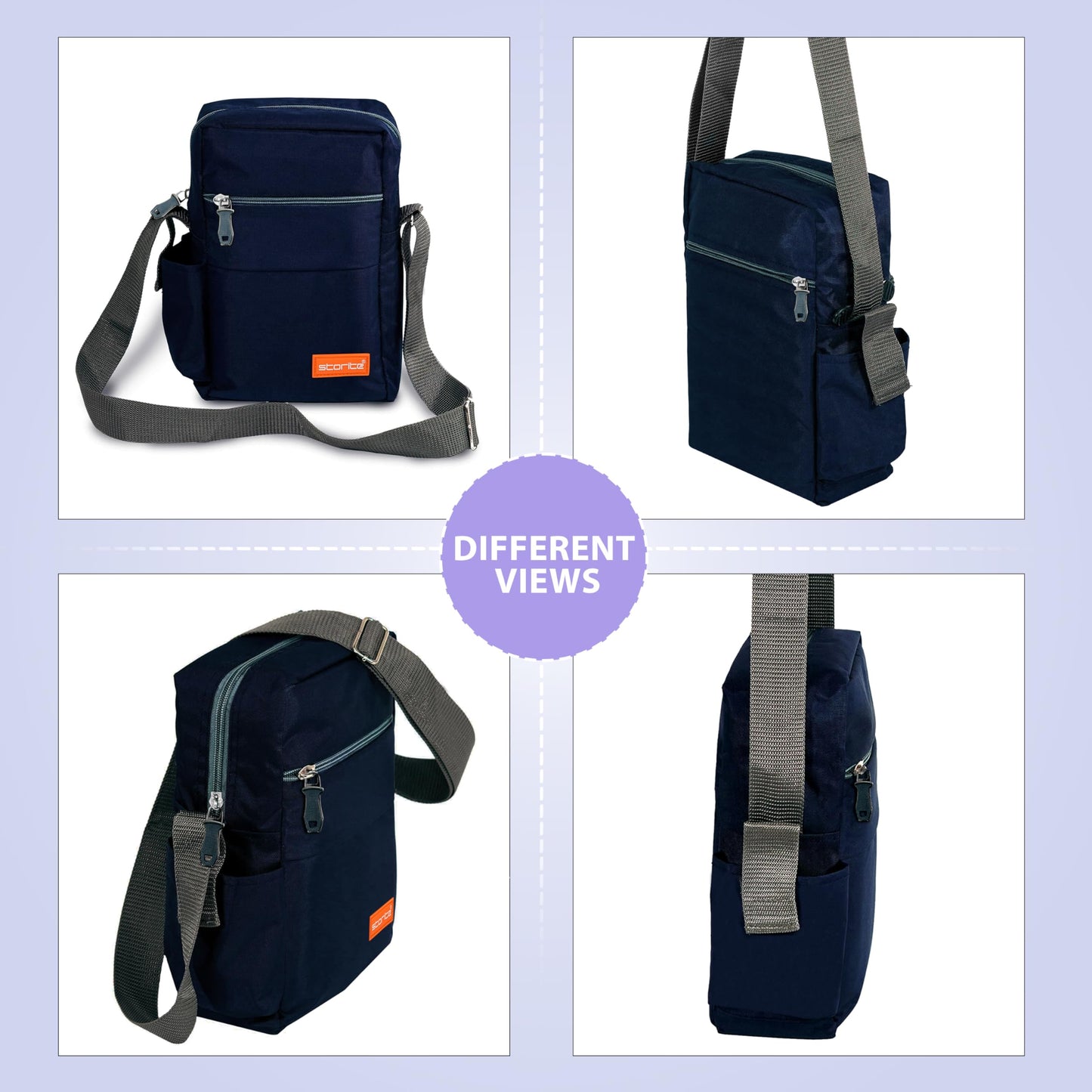 Storite 10 Inch Stylish Padded Mini Sling Bag for Men and Women, Small Passport Travel Bag and Small Sling Bag With Water Bottle Pocket (25 x 16 x 7.5cm, Navy Blue)