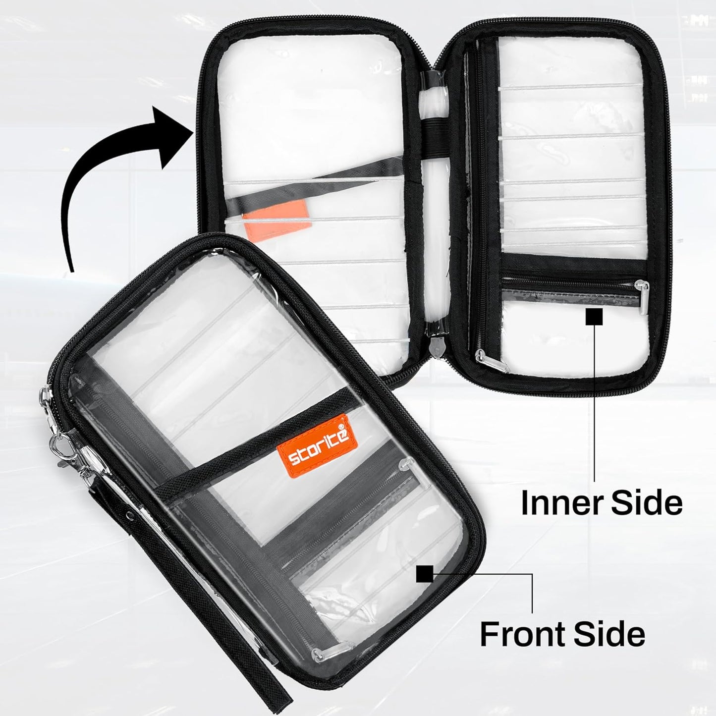 Storite Transparent Travel Family Passport Holder Wallet Document Organizer Travel Accessories for Credit Debit Card Boarding Pass with Removable Hand Strap for Men and Women (Black-23 x 3 x 13 Cm)