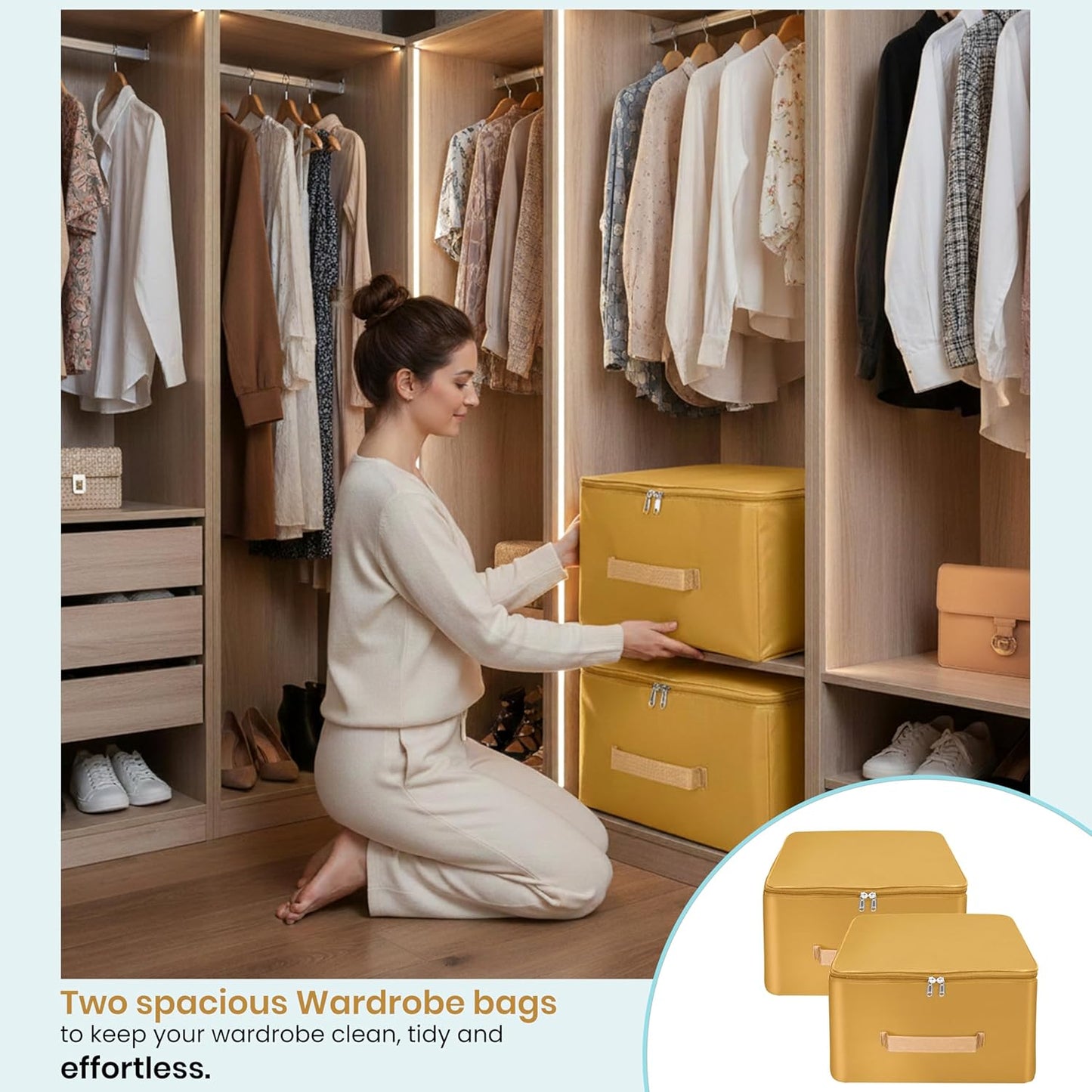 Storite 5 Pack Nylon Wardrobe Bag Underbed Moisture Proof Cloth Storage Organizer, Storage box for Clothes Saree Bags with Zippered Closure & Handle (Mustard, 38x35.5x24 cm) Square Visit the Storite Store