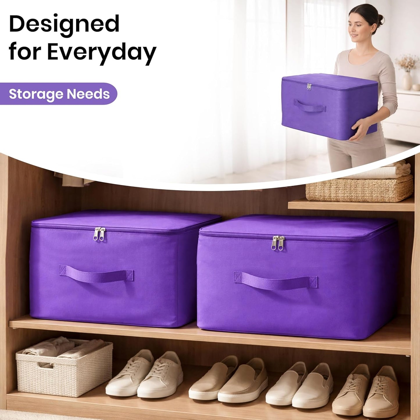 Storite 10 Pack Nylon Wardrobe Bag Underbed Moisture Proof Cloth Storage Organizer, Storage box for Clothes Saree Bags with Zippered Closure & Handle (Purple, 37x35x23 cm) Square