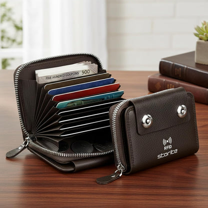 Storite 15 Slots RFID Blocking Card Holder Zipper Wallet | Leather Flip Flop Cover| Unisex Wallet (Brown)
