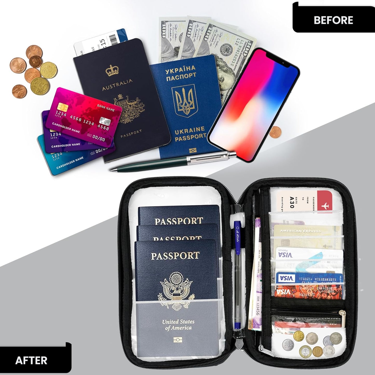 Storite Transparent Travel Family Passport Holder Wallet Document Organizer Travel Accessories for Credit Debit Card Boarding Pass with Removable Hand Strap for Men and Women (Black-23 x 3 x 13 Cm)