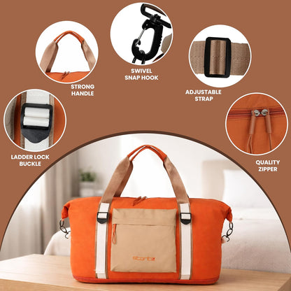 Storite Expandable Travel Duffle Bag for Women Lightweight Foldable Luggage Bag with Multi-Pocket Organizer Water Resistance Bag for Traveling, Gym Weekend Trips (Orange)