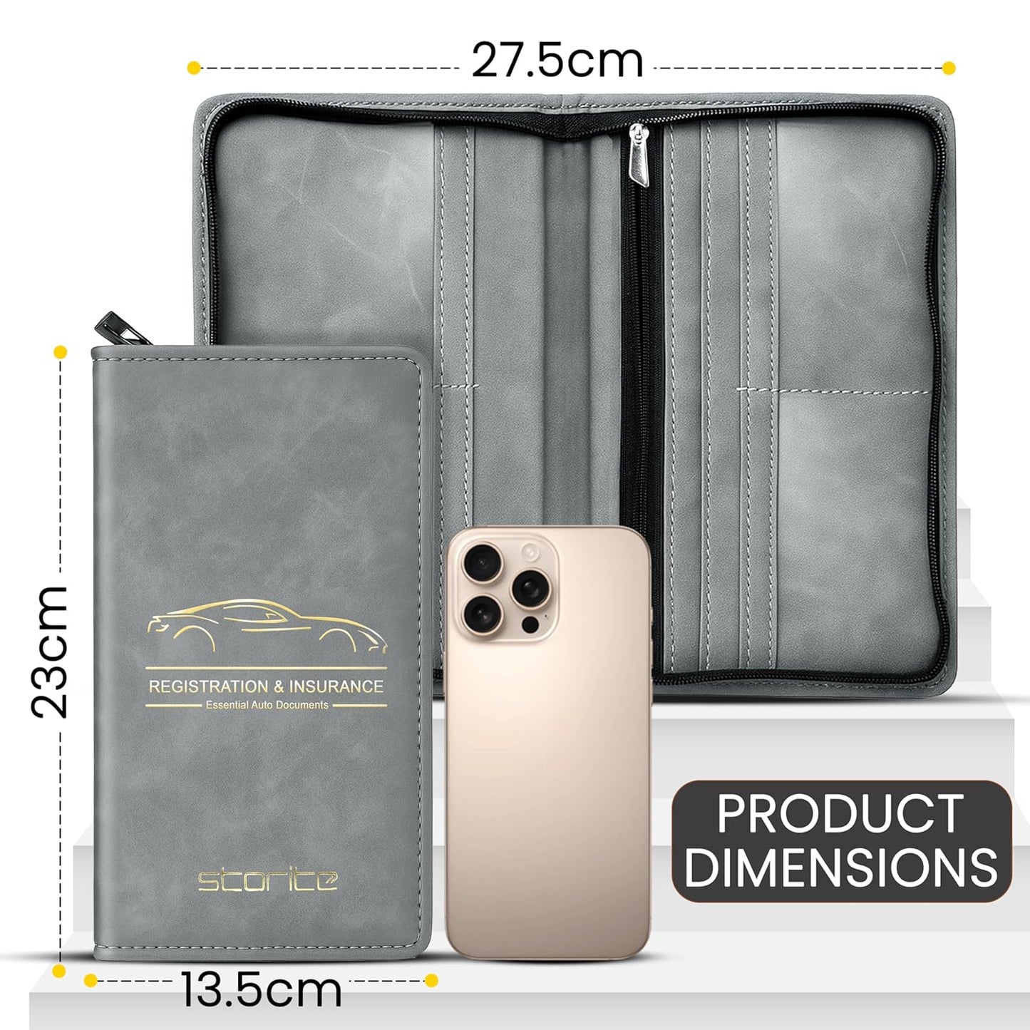 Storite Pu Leather Zipper Unique Car Registration and Insurance Card Holder, Vehicle License Document Glove Box Compartment Organizer for Men and Women - (Grey- 23 x 1 x 13.5cm)