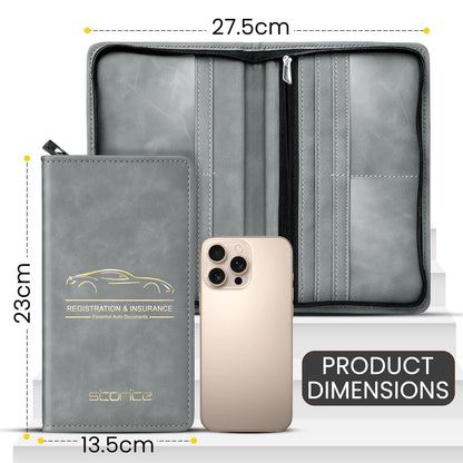 Storite Pu Leather Zipper Unique Car Registration and Insurance Card Holder, Vehicle License Document Glove Box Compartment Organizer for Men and Women - (Grey- 23 x 1 x 13.5cm)