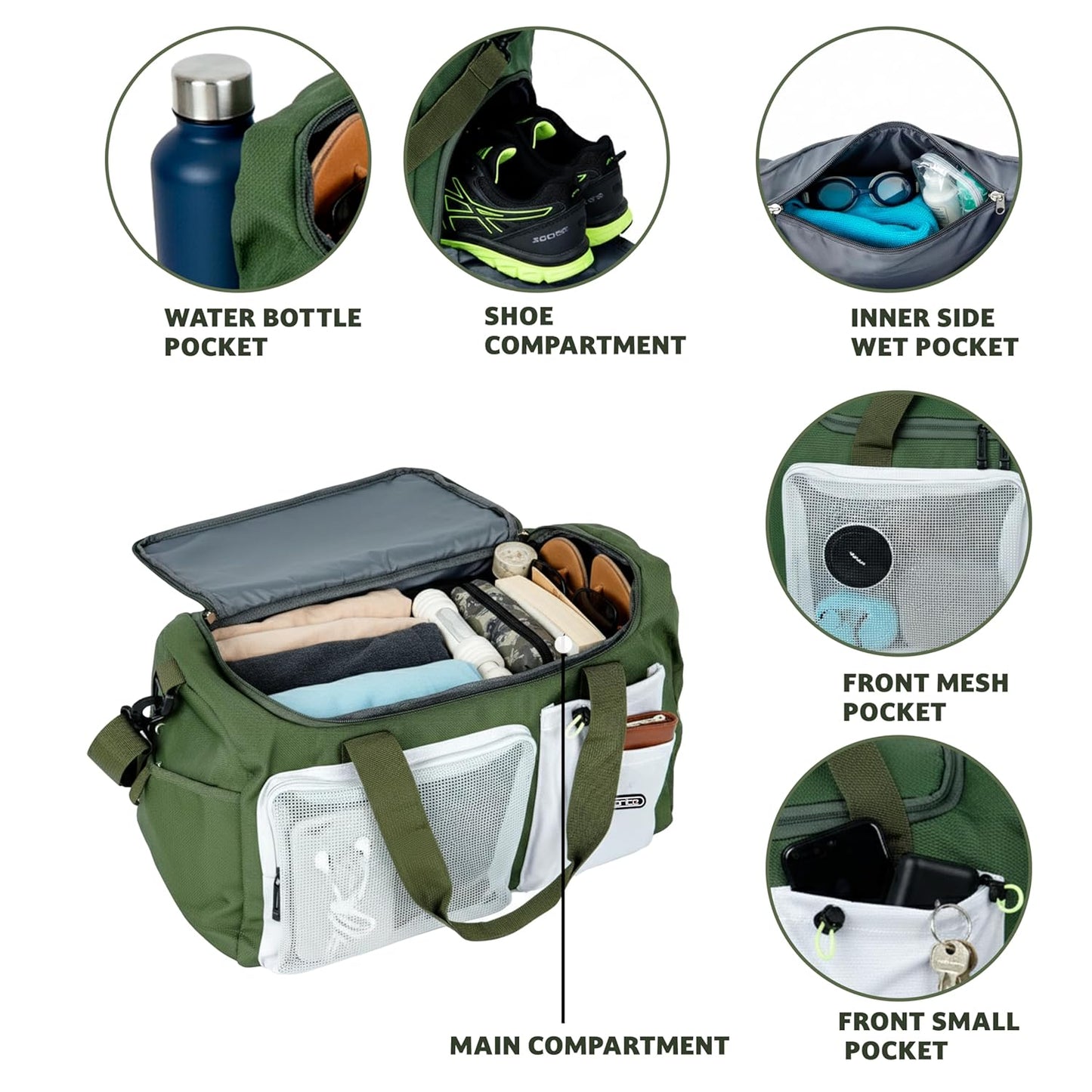 Storite 45cm Multipurpose Travel Duffle Bag for Women – Lightweight Nylon Weekender Overnight Bag with Mesh and Zipper Pockets, Shoe Compartment – Green (45 x 19 x 29 cm)