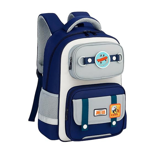 Storite Skateboard Theme School Backpack – Durable & Lightweight Bag with Cartoon Patches, Suitable for Class 5–8 Students – Navy Blue & Grey
