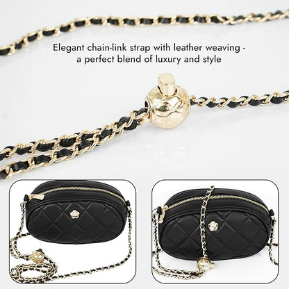 Storite PU Leather Quilted Sling Bag with Detachable Chain Strap, Crossbody Bag with Multi-Compartment for Women and Girls - Black