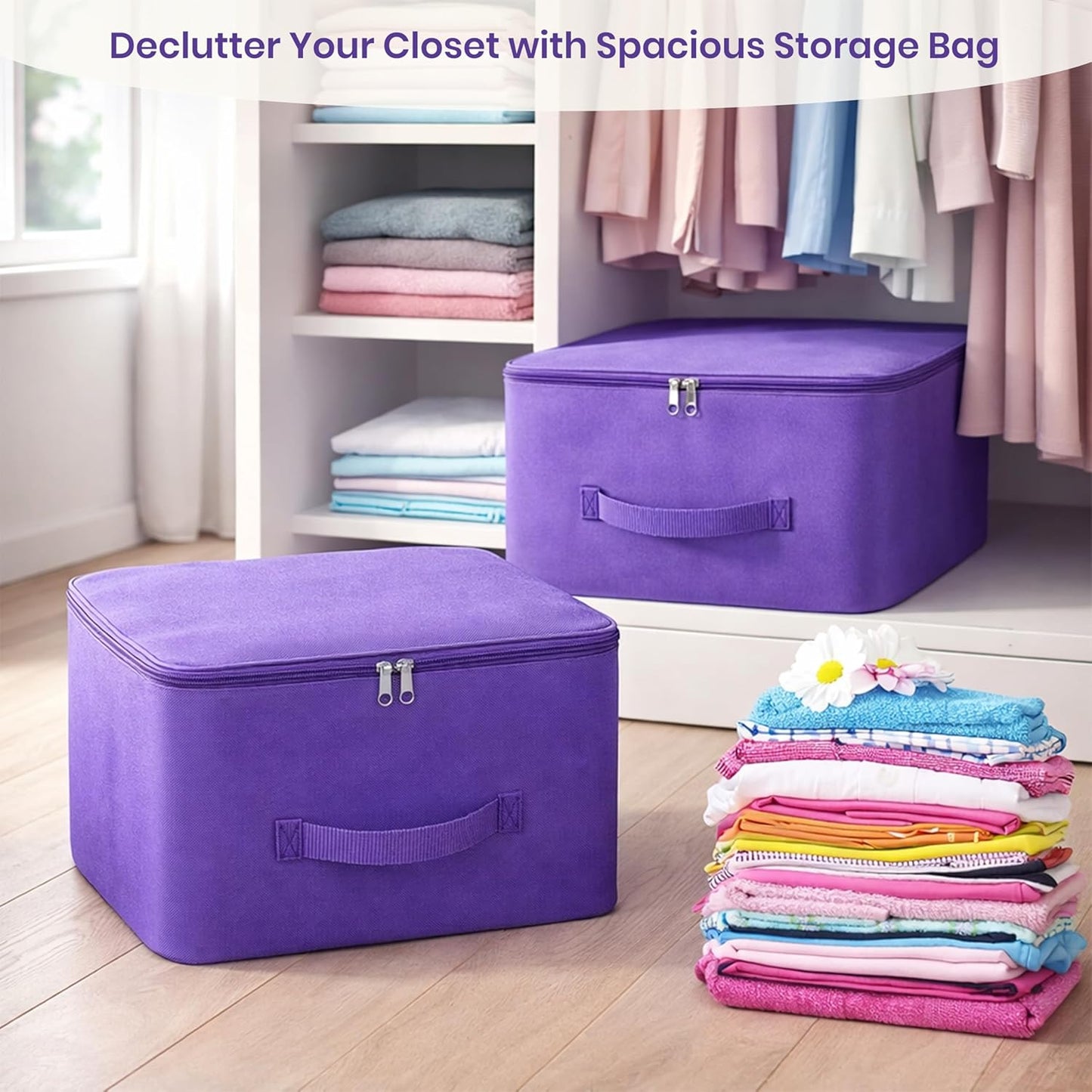 Storite 10 Pack Nylon Wardrobe Bag Underbed Moisture Proof Cloth Storage Organizer, Storage box for Clothes Saree Bags with Zippered Closure & Handle (Purple, 37x35x23 cm) Square